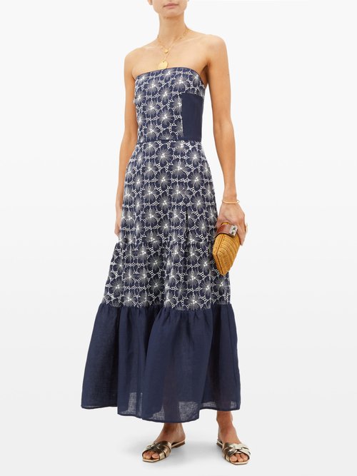 Zeus + Dione Maya Floral-embroidered Strapless Linen Dress Blue - 40% Off Sale