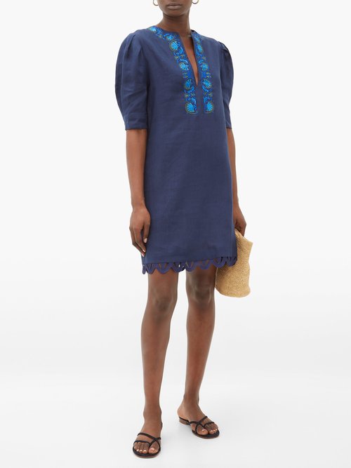 Zeus + Dione Sitia Floral-embroidered Linen Mini Dress Navy - 30% Off Sale