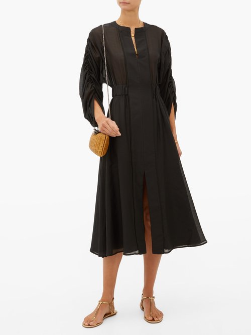 Zeus + Dione Rhea Rouched-sleeve Cotton-blend Dress Black - 30% Off Sale
