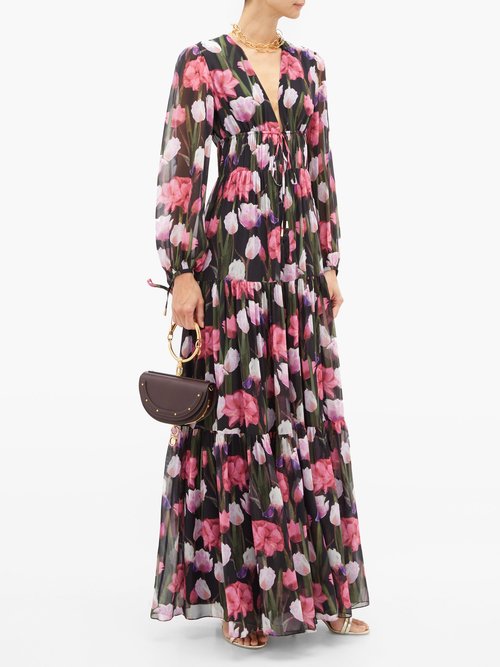 Borgo De Nor Freya Floral-print Banded Silk-chiffon Maxi Dress Black Multi - 60% Off Sale