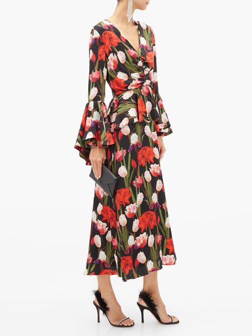 Borgo De Nor Serafina Tulip-print Silk-cloqué Midi Dress Black Multi - 70% Off Sale