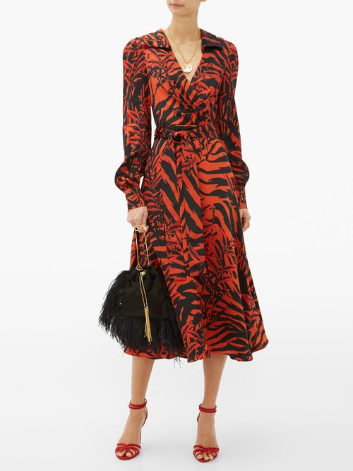 Borgo De Nor Nilla Zebra-print Silk Belted Midi Dress Black Red - 60% Off Sale