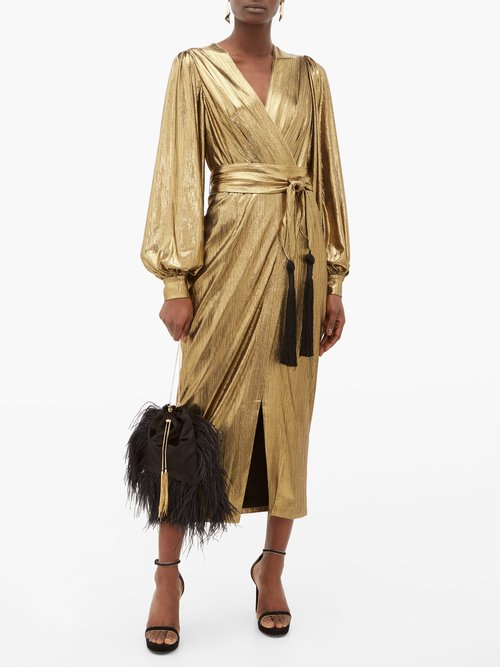 Borgo De Nor Sofi Tasselled Waist-tie Lamé Midi Dress Gold - 60% Off Sale