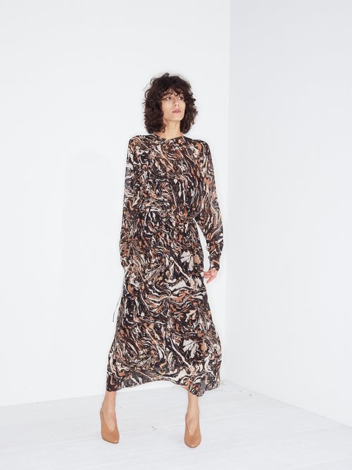 Raey Drawstring-waist Marbled Animal-print Silk Dress Brown Print - 70% Off Sale