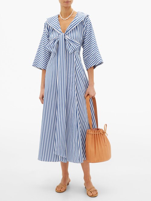 Thierry Colson Violetta Bow Striped Cotton-poplin Midi Dress Blue Stripe - 30% Off Sale