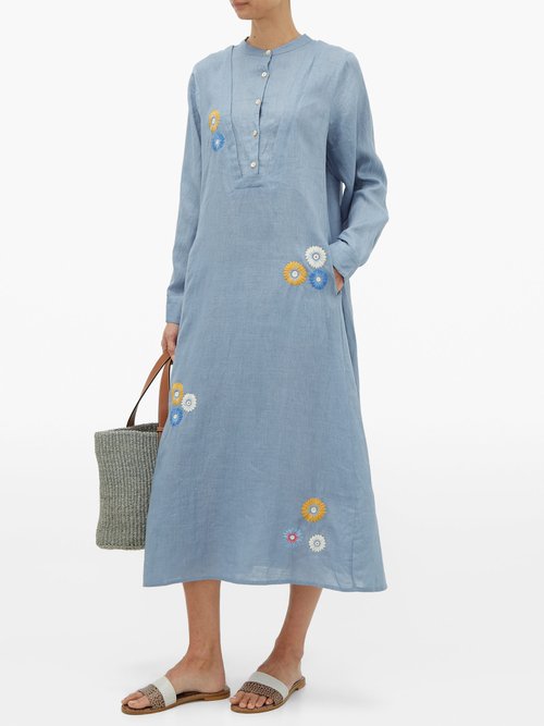 Thierry Colson Victoria Floral-embroidered Cotton Midi Dress Blue Print - 30% Off Sale