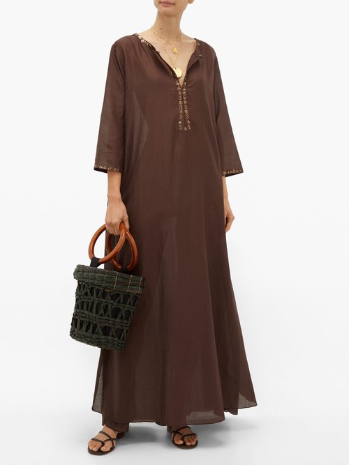 Thierry Colson Samia Embroidered Cotton-blend Kaftan Brown - 40% Off Sale