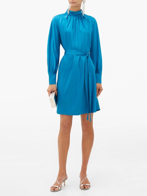 Diane Von Furstenberg Veda Belted Satin Dress Blue - 50% Off Sale