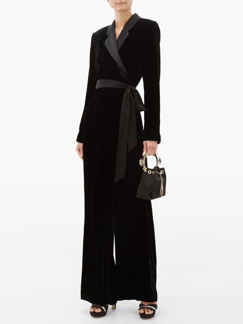 Diane Von Furstenberg Monica Notched-lapel Velvet Wrap Wide-leg Jumpsuit Black