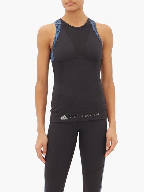 Buy Adidas By Stella Mccartney Mesh And Snake-print Panelled Performance Top Black Blue online - shop best Adidas By Stella McCartney Tops