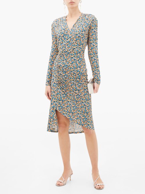 Atlein Gathered Floral-print Jersey Wrap Dress Blue Print - 60% Off Sale