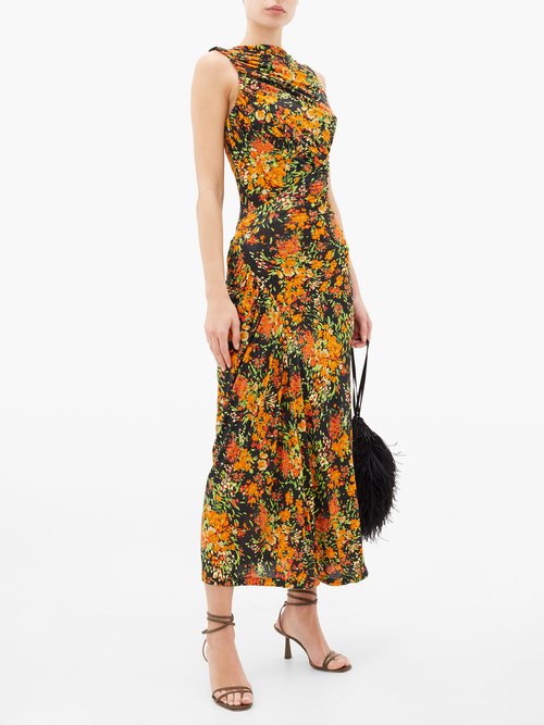 Atlein Ruched Floral-print Stretch-crepe Dress Orange Print - 70% Off Sale