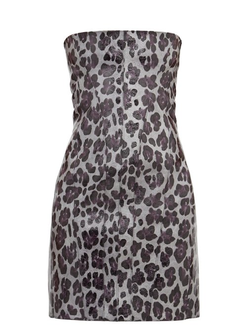 Art School – Strapless Leopard-print Leather Mini Dress Leopard