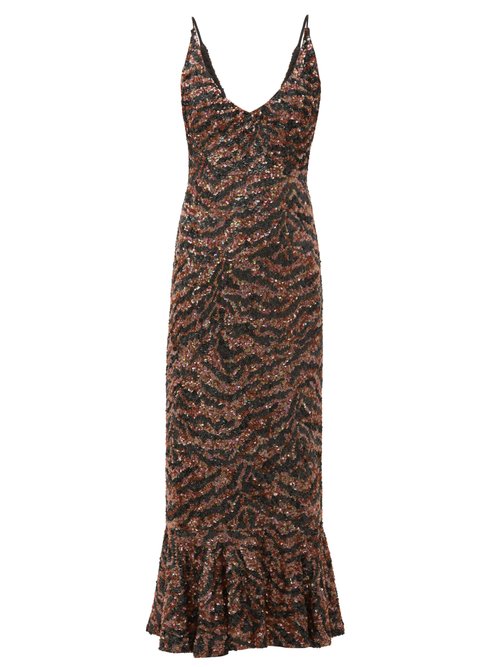 Saloni - Aidan D Tiger Sequinned Fluted-hem Midi Dress Bronze