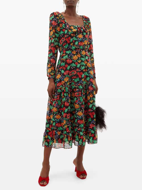Saloni Misha Floral-print Silk-chiffon Midi Dress Black Multi – 60% Off Sale