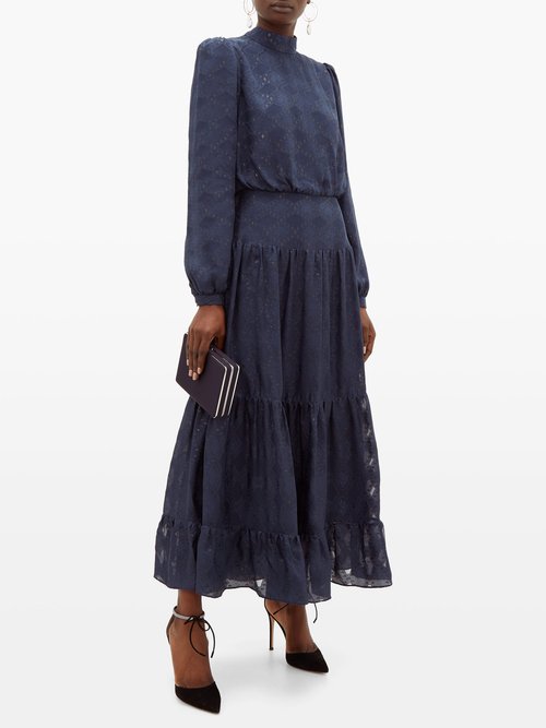 Saloni Isabel Silk-blend Brocade Dress Navy Multi - 50% Off Sale