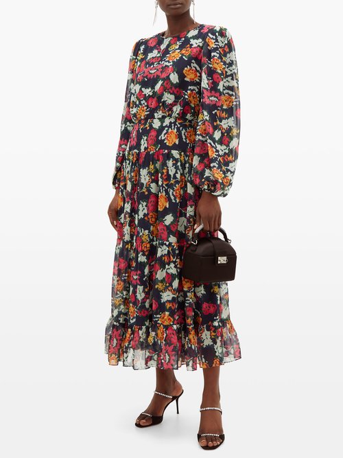 Saloni Isabel Floral-print Silk-chiffon Midi Dress Navy Multi - 60% Off Sale