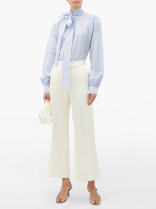 Rochas Pussy-bow Striped Cotton Blouse Blue White - 30% Off Sale