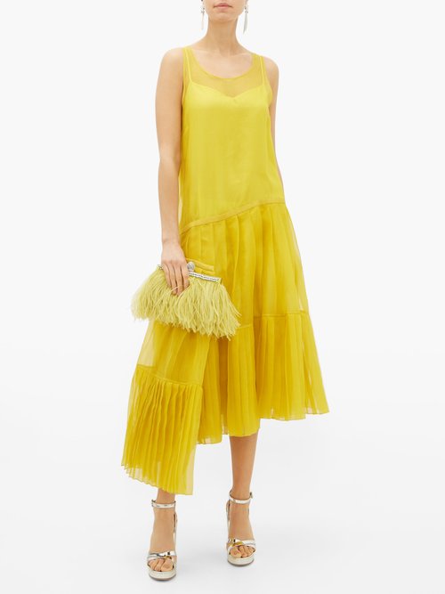 Rochas Asymmetric Pleated Silk-organza Dress Yellow - 30% Off Sale