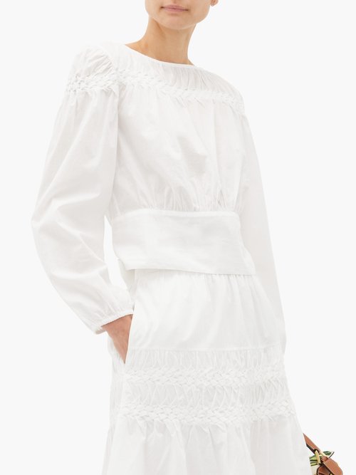 Merlette Soller Smocked Cotton-lawn Blouse White – 40% Off Sale