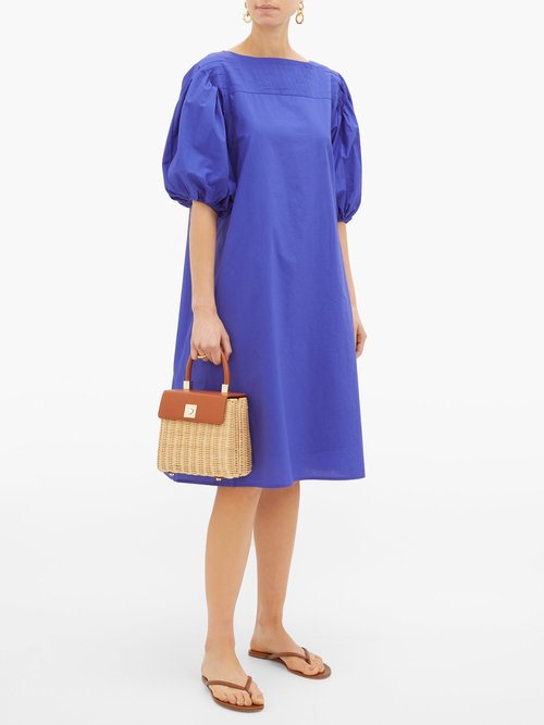 Merlette Aster Puff-sleeved Cotton-poplin Dress Blue - 30% Off Sale