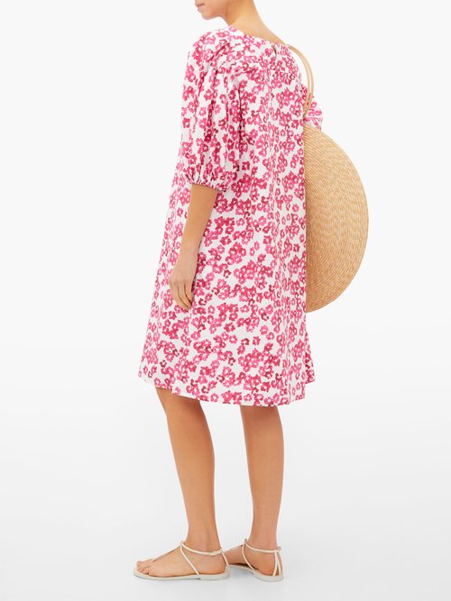 Merlette Aster Floral-print Pleated Cotton-poplin Dress Pink Print
