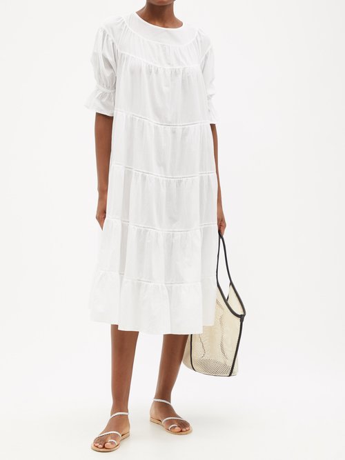 Merlette Paradis Tiered Cotton Midi Dress White