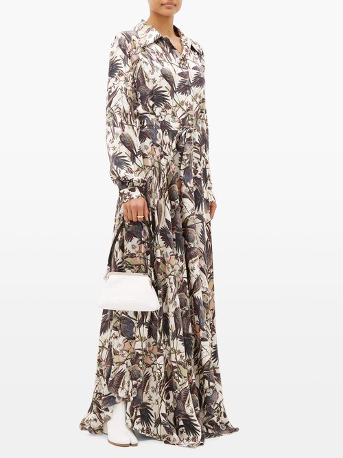 Edward Crutchley Parrot-print Belted Silk-satin Maxi Dress Black Multi - 70% Off Sale