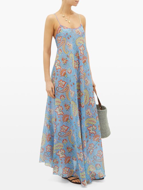 Etro Crossover-strap Paisley-print Silk Maxi Dress Blue Print - 30% Off Sale