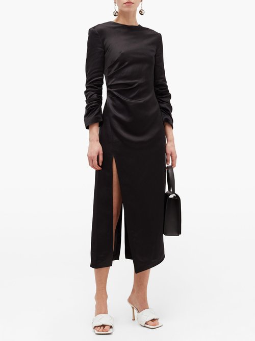 A.w.a.k.e. Mode Gathered Satin Midi Dress Black - 70% Off Sale