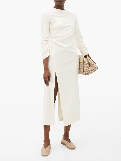 A.w.a.k.e. Mode Gathered Side-slit Crepe Dress Ivory - 40% Off Sale