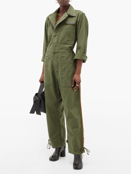Myar Piped-trim Upcycled-cotton Jumpsuit Khaki