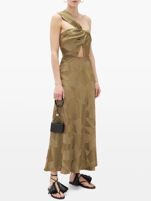 Racil Tangier Aprilia One-shoulder Cutout Satin Dress Khaki - 60% Off Sale