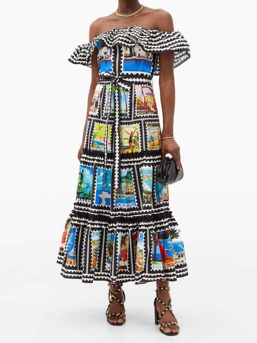 Mary Mare Cannes Off-the-shoulder Cotton-blend Midi Dress Multi