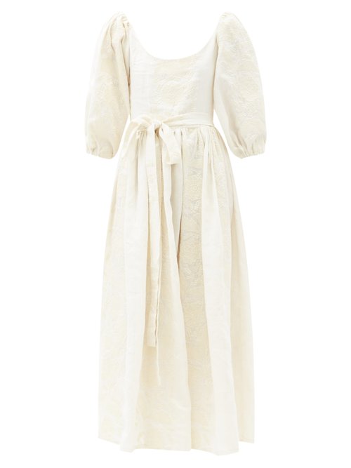 Marta Ferri - Floral-embroidered Linen-blend Dress Cream
