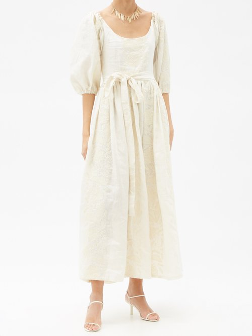 Marta Ferri Floral-embroidered Linen-blend Dress Cream