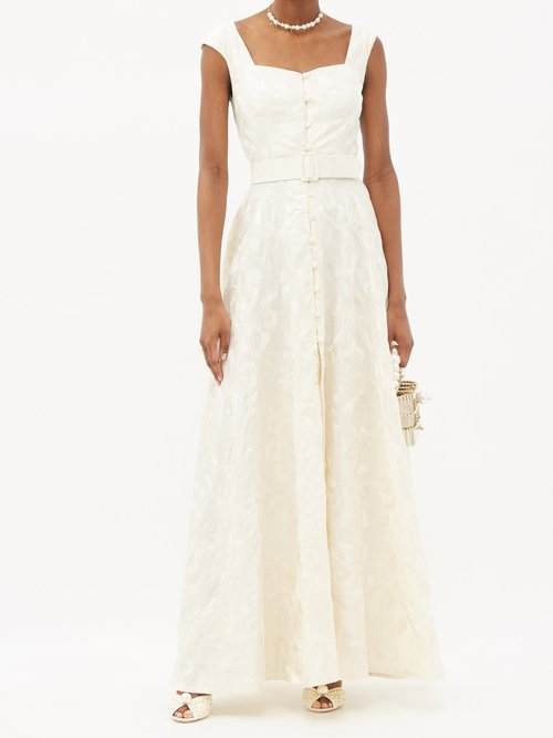 Marta Ferri Belted Floral-embroidered Linen Gown Cream