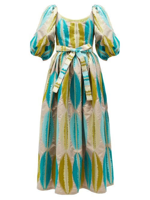 Marta Ferri - Puff-sleeve Abstract-jacquard Dress Green