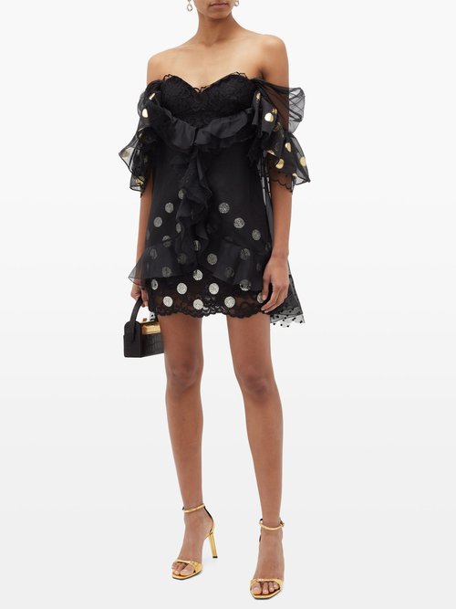 Dundas Ruffled Off-the-shoulder Lace Mini Dress Black - 60% Off Sale