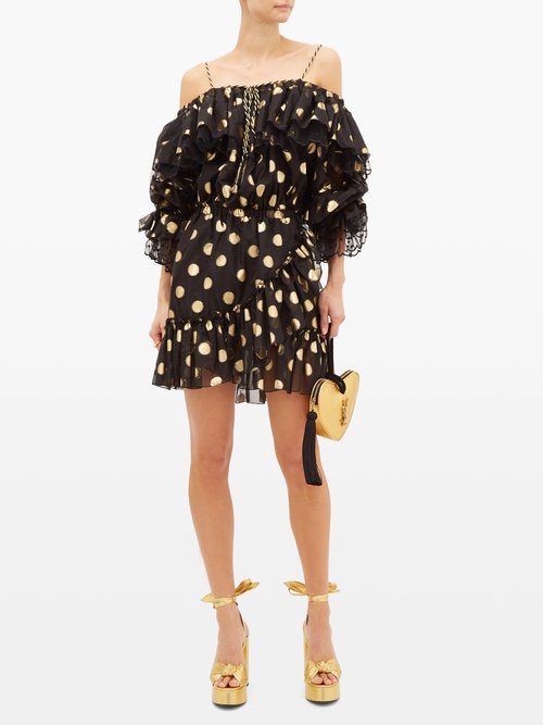 Dundas Off-the-shoulder Polka-dot Silk-blend Mini Dress Black Gold – 70% Off Sale