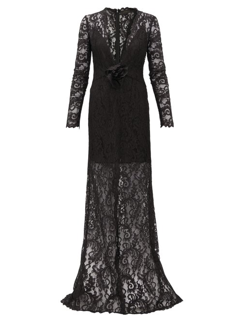 Dundas – Plunge-neck Chantilly-lace Maxi Dress Black