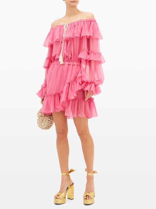 Dundas Off-the-shoulder Ruffled Silk-chiffon Dress Pink Multi - 70% Off Sale