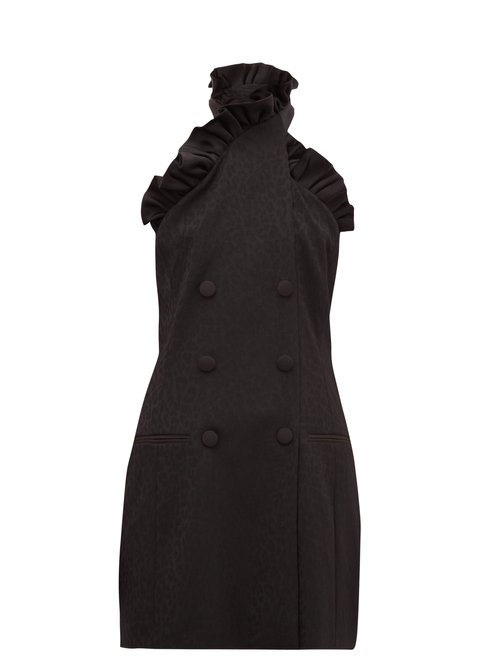 Dundas - Ruffled Leopard-jacquard Wool-blend Mini Dress Black