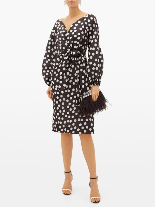 Carolina Herrera Sweetheart-neckline Polka-dot Silk Dress Black White - 60% Off Sale