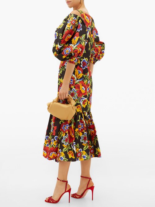 Carolina Herrera Puff-sleeve Floral-print Cotton-blend Faille Dress Black Multi - 60% Off Sale
