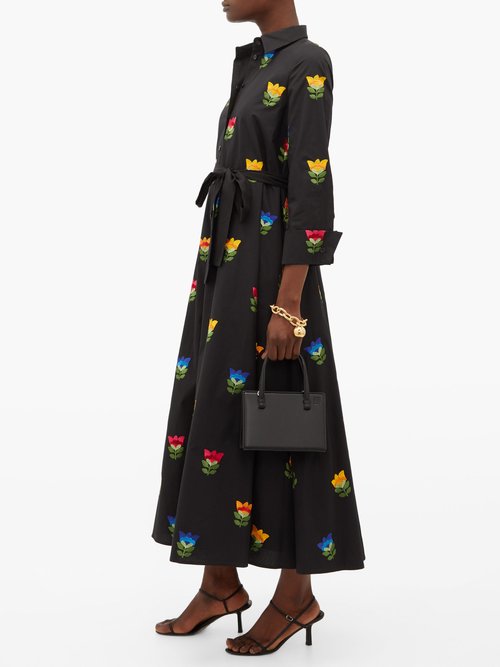 Carolina Herrera Floral-embroidered Cotton-poplin Shirt Dress Black Multi - 60% Off Sale
