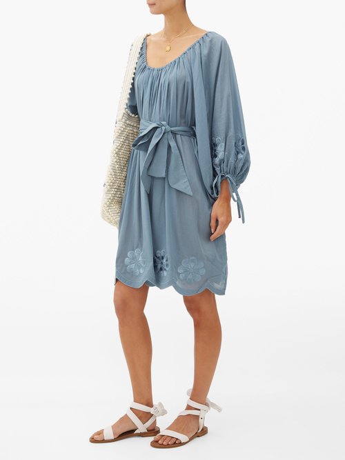 Innika Choo Frida Burds Embroidered Cotton Mini Dress Blue - 50% Off Sale