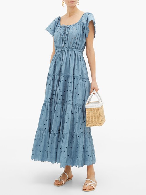 Innika Choo Tiered Broderie-anglaise Cotton Dress Blue - 30% Off Sale