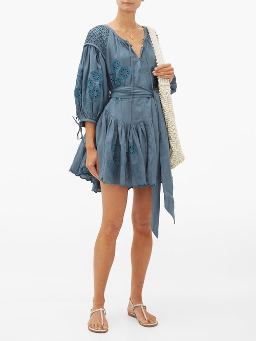 Innika Choo Meg Nettick Embroidered Linen Mini Dress Dark Blue – 30% Off Sale