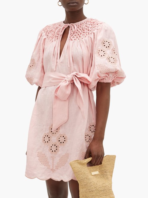 Innika Choo Smocked Broderie-anglaise Linen Dress Light Pink